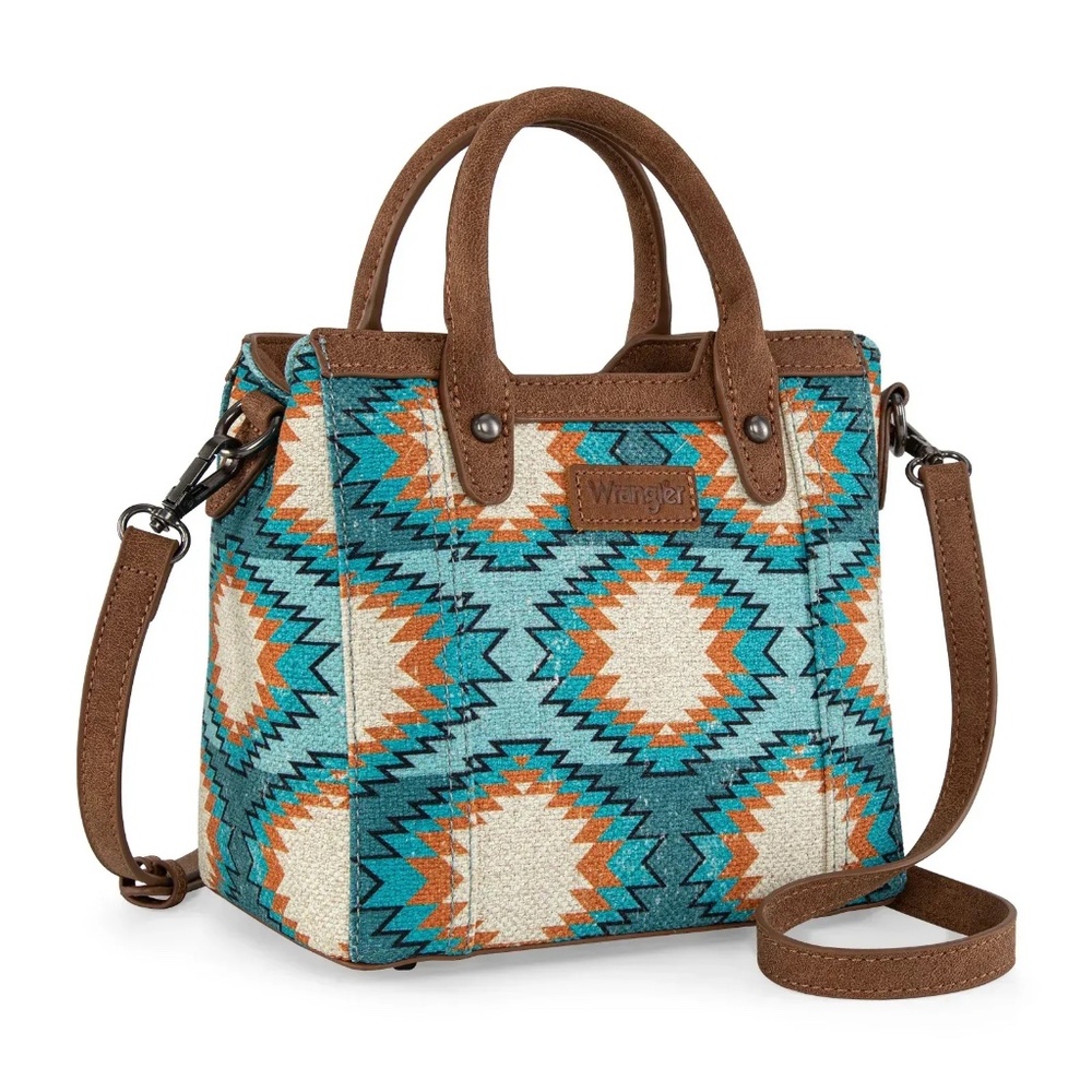 Wrangler Aztec Distressed Print Dual Sided Print Mini Tote/Crossbody - Turquoise